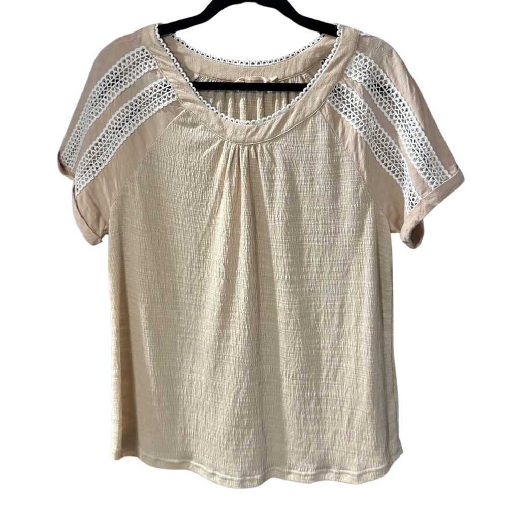 Soft Surroundings Womens Tan Beige Lace Short Sleeve Blouse M Medium